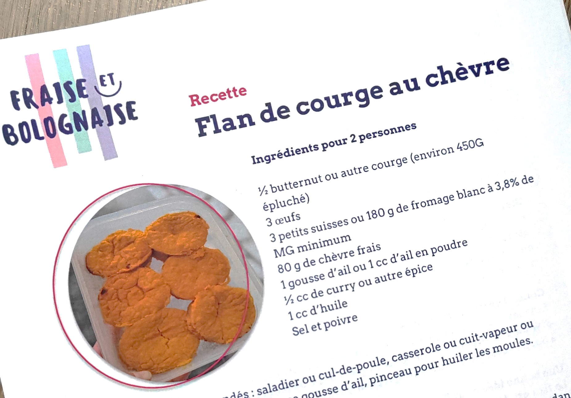 Fiche de recette utilisée pour l'atelier de cuisine à l'Apacrete